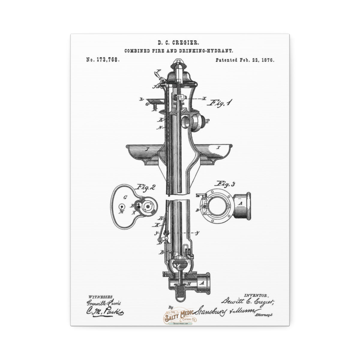 1876 Fire & Drinking Hydrant Patent Wall Art Stretched Canvas, 1.5'' 12″ x 16″ (Vertical) 1.5''