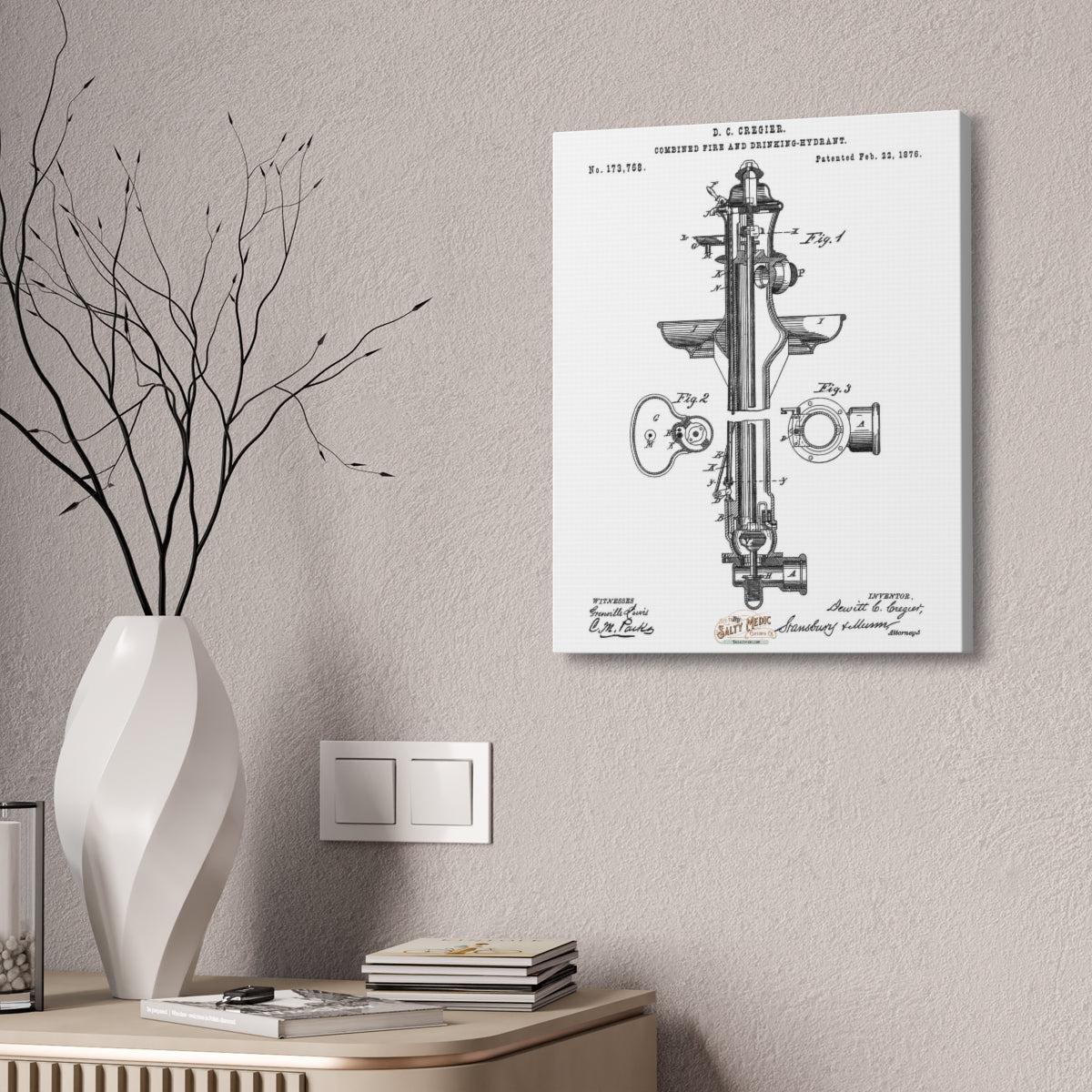 1876 Fire & Drinking Hydrant Patent Wall Art Stretched Canvas, 1.5'' - Salty Medic Clothing Co.