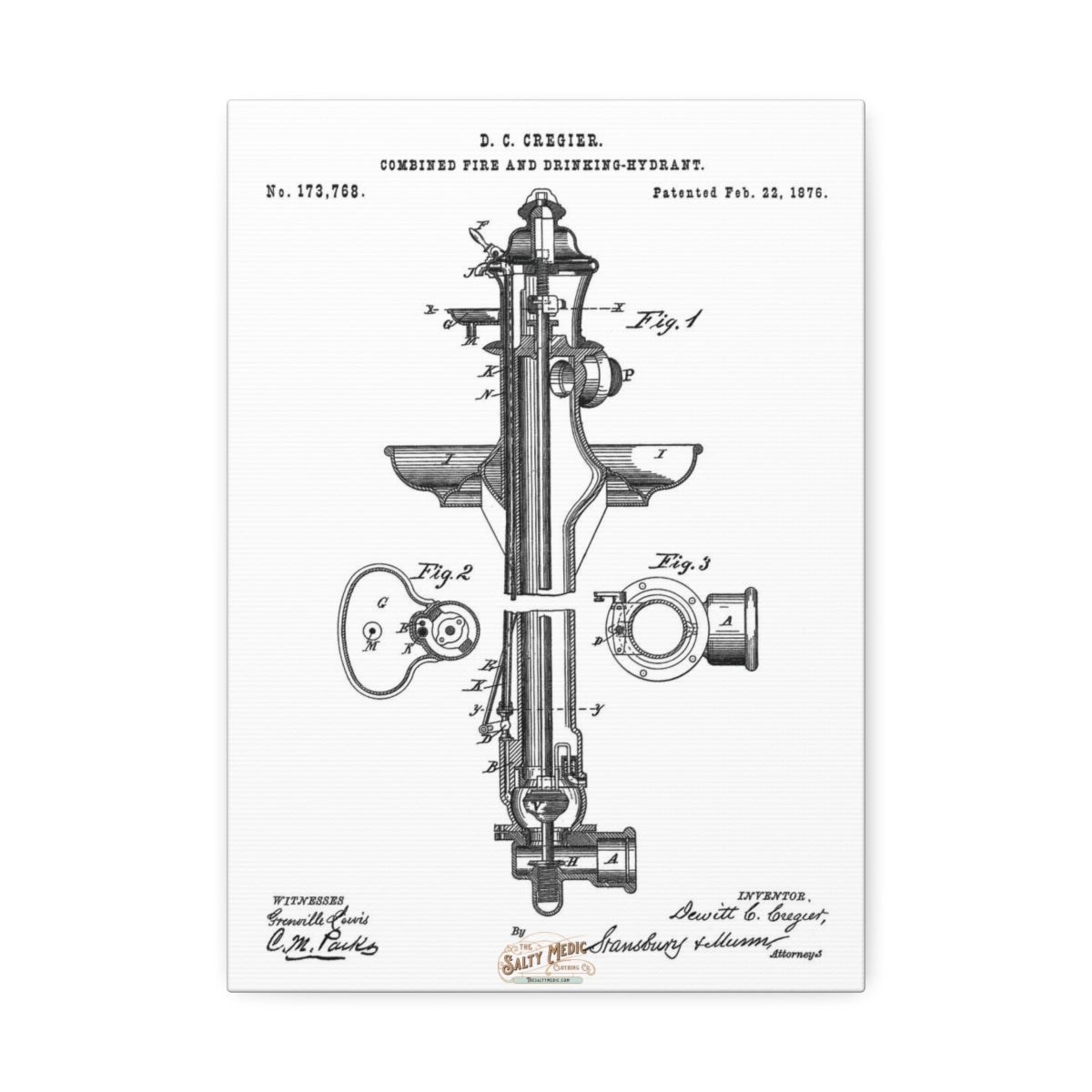 1876 Fire & Drinking Hydrant Patent Wall Art Stretched Canvas, 1.5'' 10'' x 14'' (Vertical) 1.5''