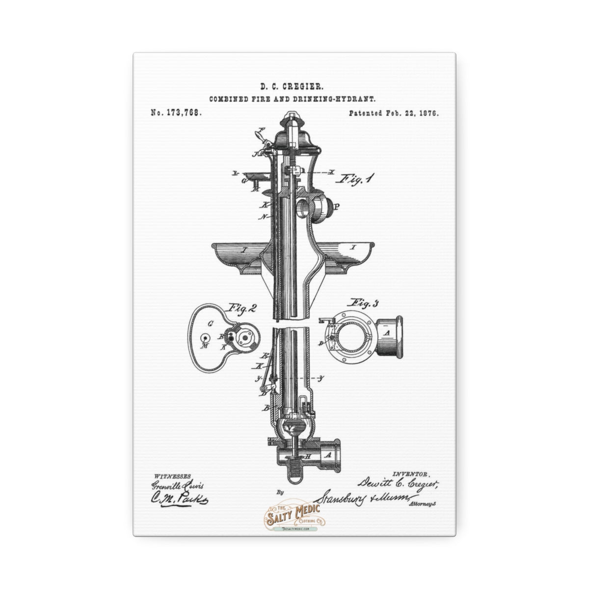 1876 Fire & Drinking Hydrant Patent Wall Art Stretched Canvas, 1.5'' 8" x 12" (Vertical) 1.5''