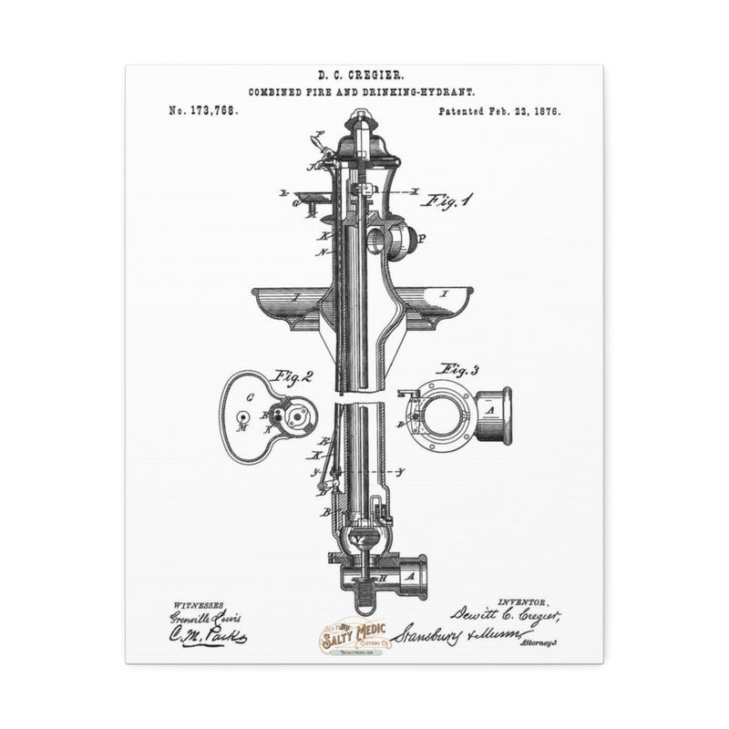 1876 Fire & Drinking Hydrant Patent Wall Art Stretched Canvas, 1.5'' - Salty Medic Clothing Co.