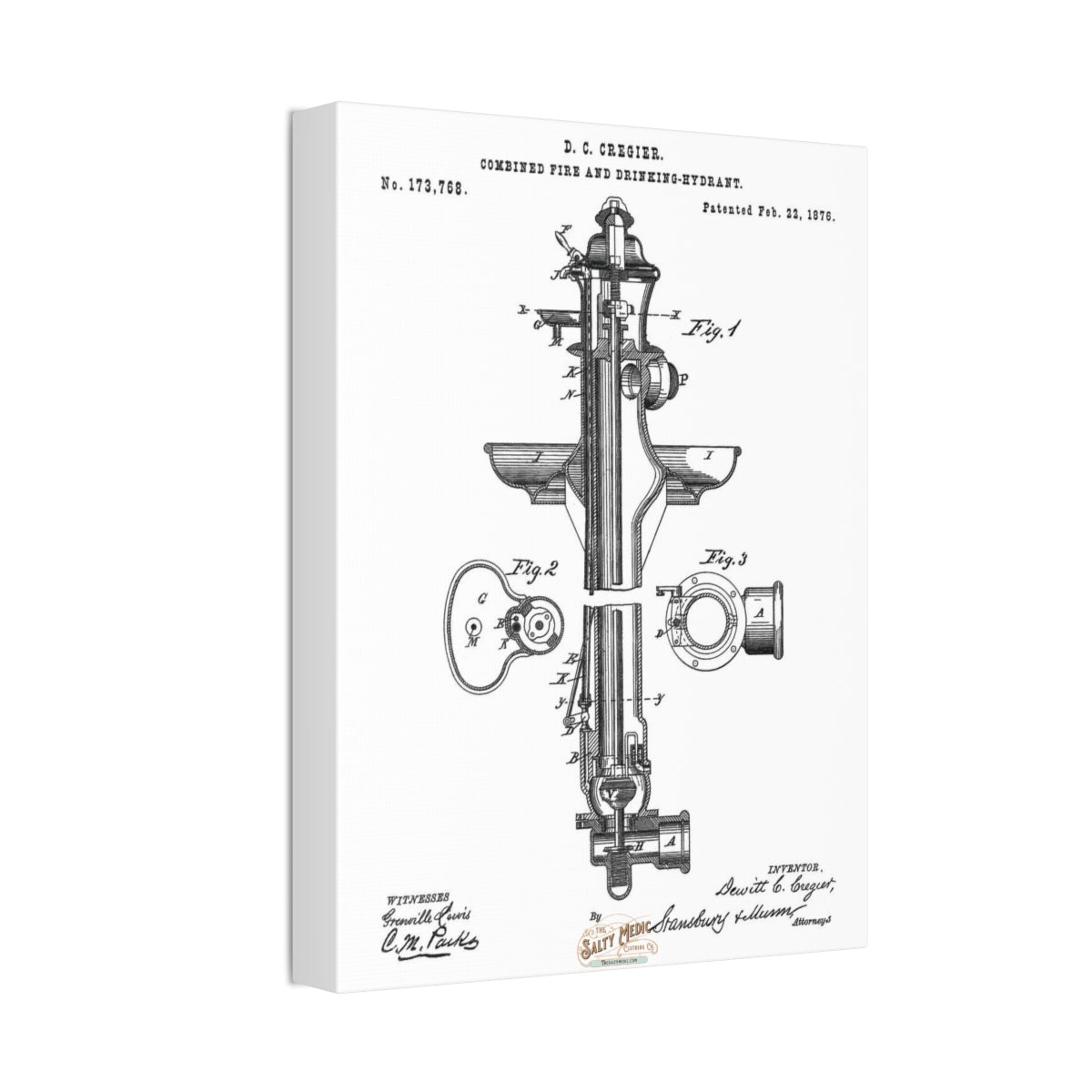 1876 Fire & Drinking Hydrant Patent Wall Art Stretched Canvas, 1.5''