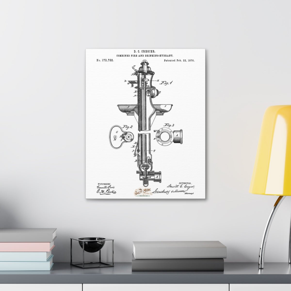 1876 Fire & Drinking Hydrant Patent Wall Art Stretched Canvas, 1.5''