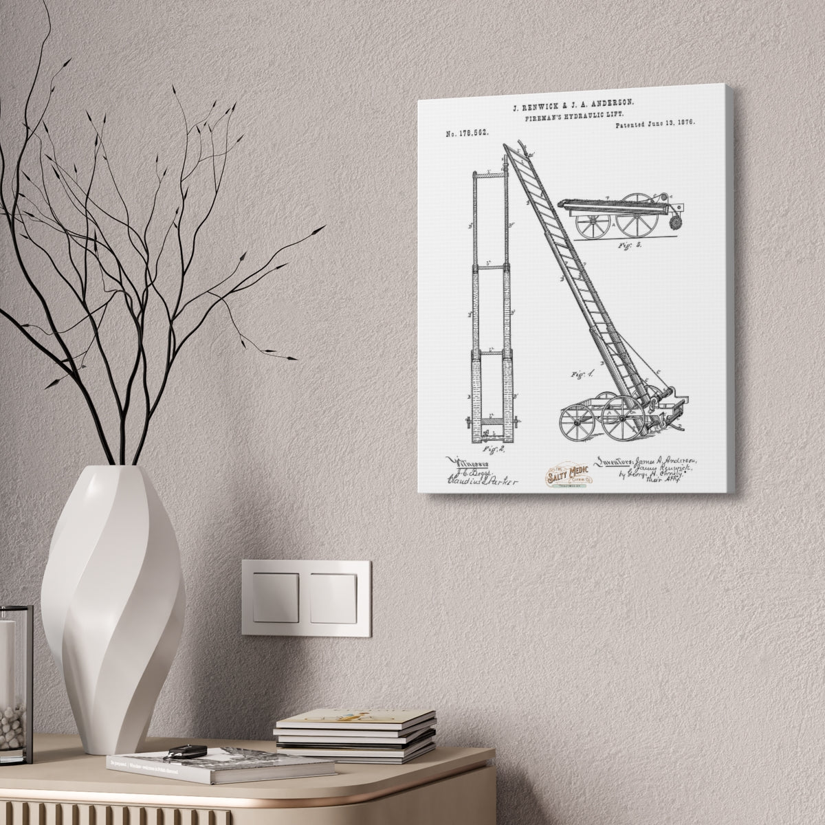 1876 Fireman's Hydraulic Lift Patent Wall Art Stretched Canvas, 1.5''