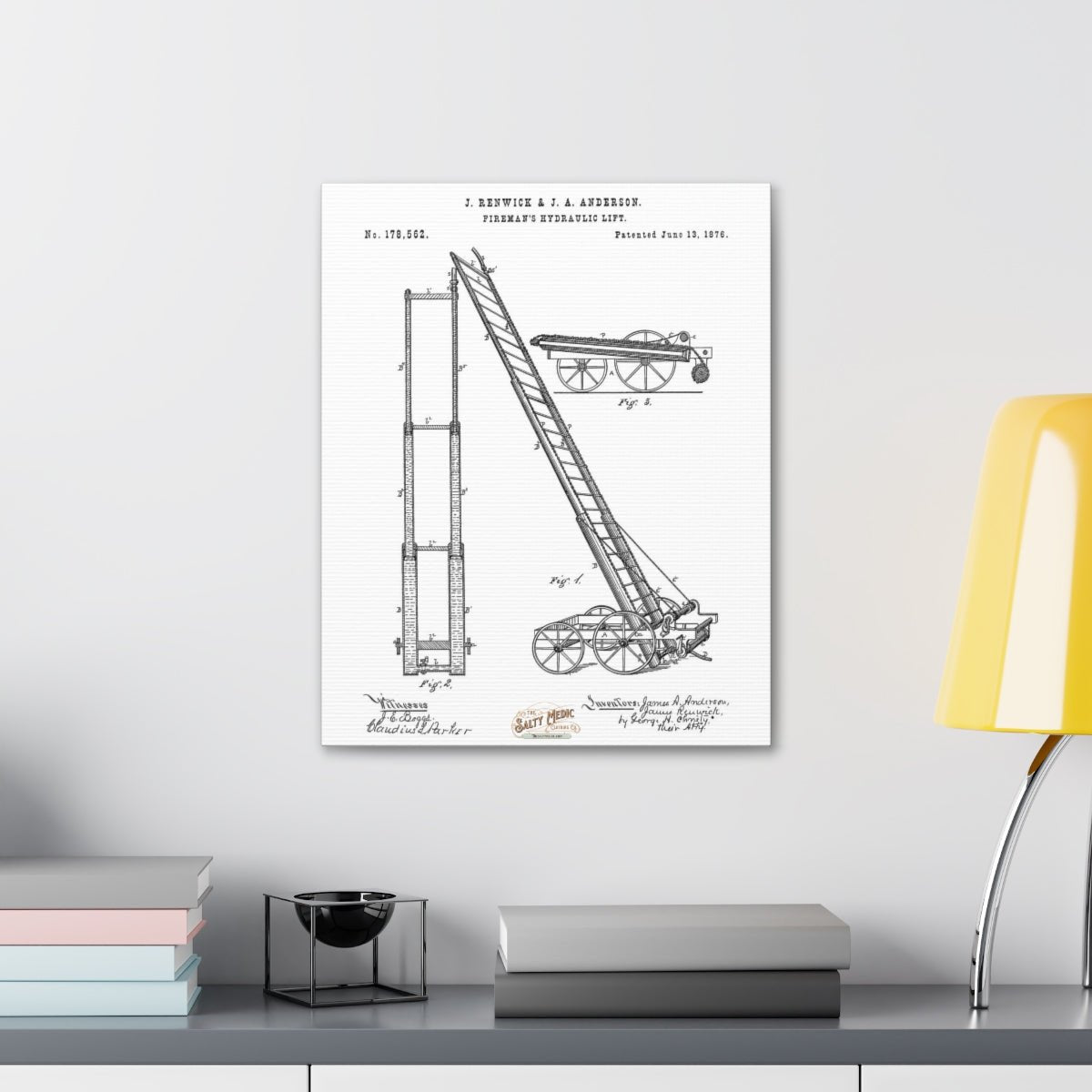 1876 Fireman's Hydraulic Lift Patent Wall Art Stretched Canvas, 1.5''