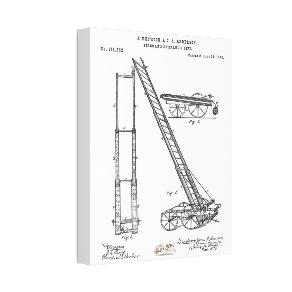 1876 Fireman's Hydraulic Lift Patent Wall Art Stretched Canvas, 1.5''