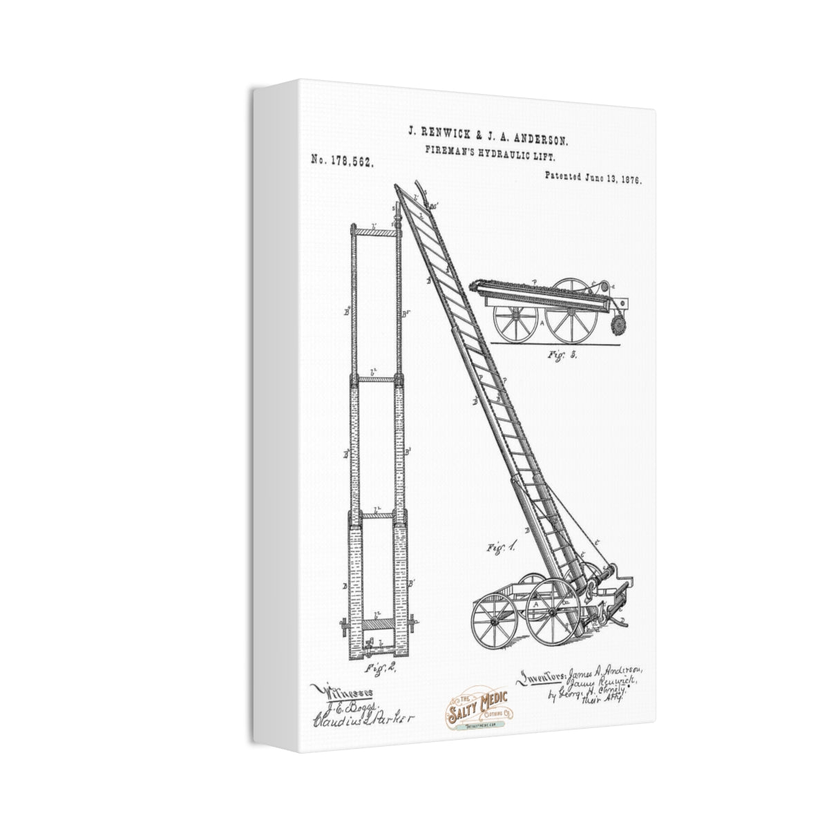 1876 Fireman's Hydraulic Lift Patent Wall Art Stretched Canvas, 1.5''