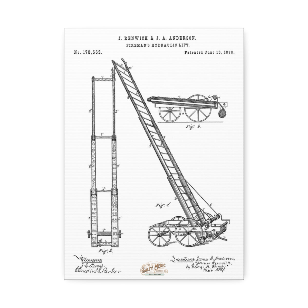 1876 Fireman's Hydraulic Lift Patent Wall Art Stretched Canvas, 1.5'' 10'' x 14'' (Vertical) 1.5''