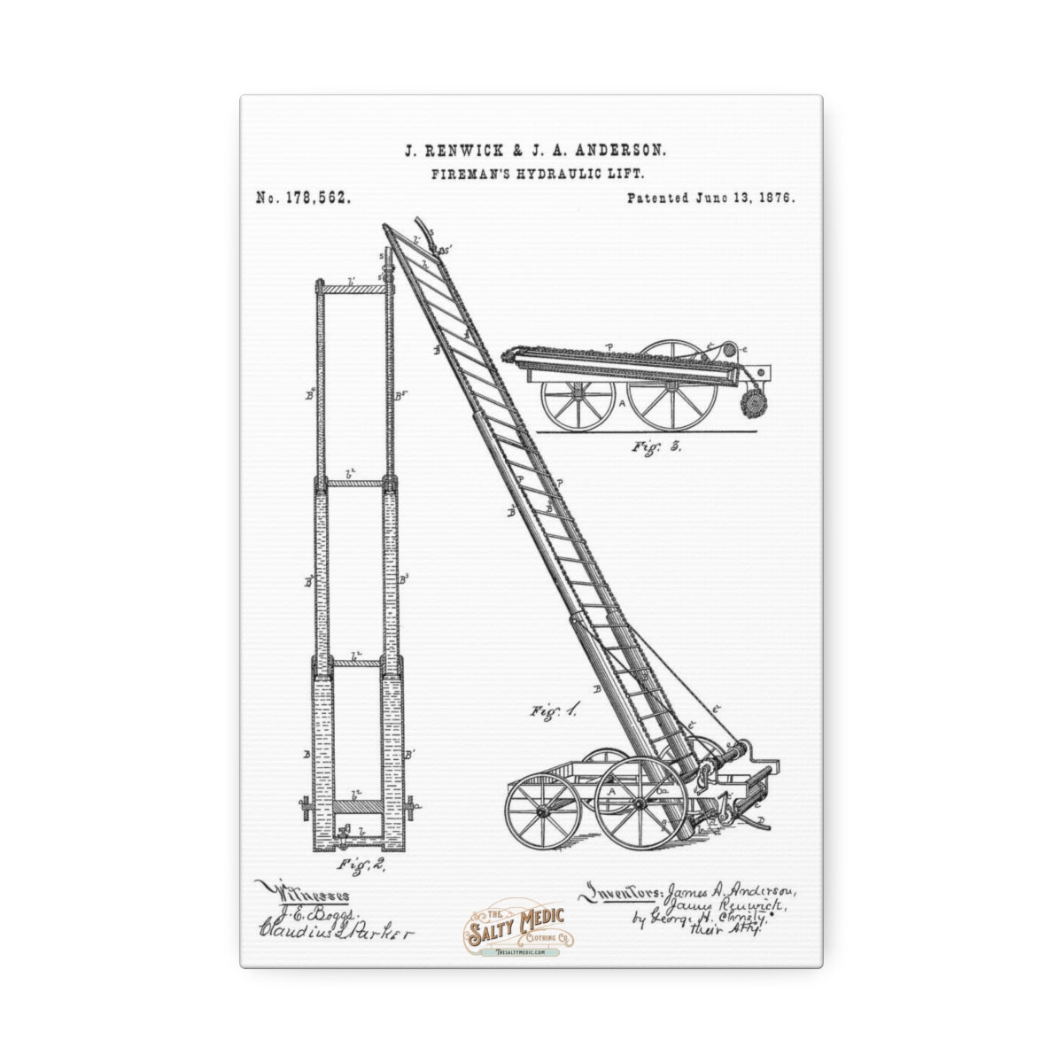 1876 Fireman's Hydraulic Lift Patent Wall Art Stretched Canvas, 1.5'' 8" x 12" (Vertical) 1.5''