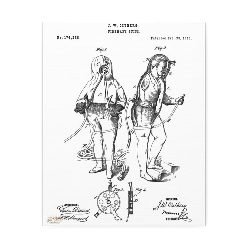 1876 J. W. Ostberg Fireman's Suits Patent Wall Art Stretched Canvas, 1.5'' - Salty Medic Clothing Co.