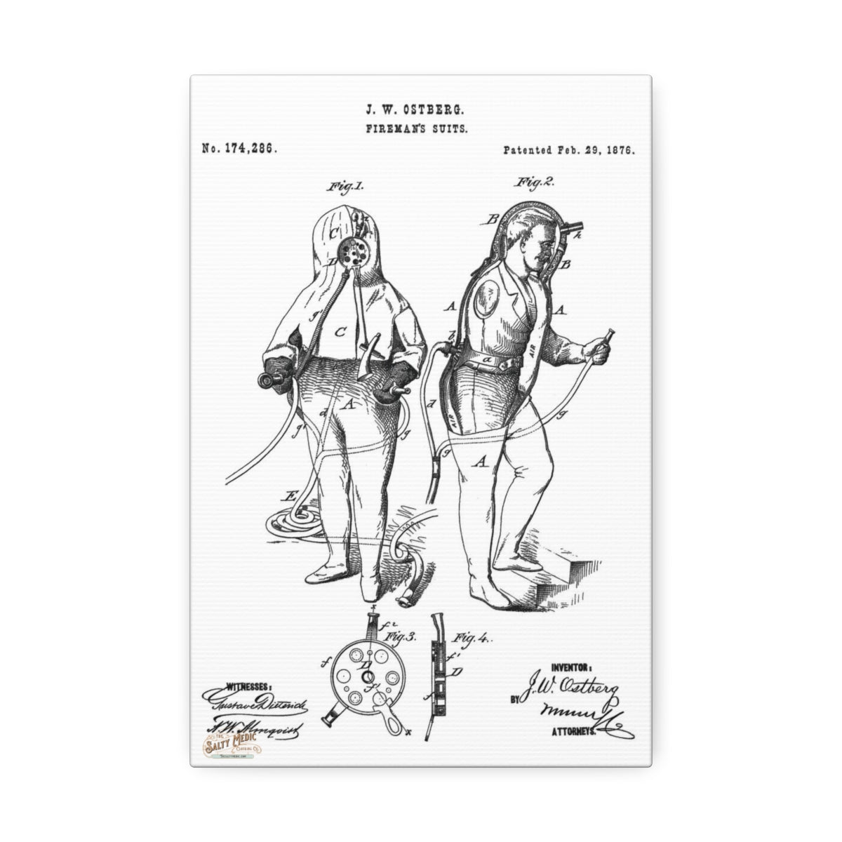 1876 J. W. Ostberg Fireman's Suits Patent Wall Art Stretched Canvas, 1.5'' - Salty Medic Clothing Co.