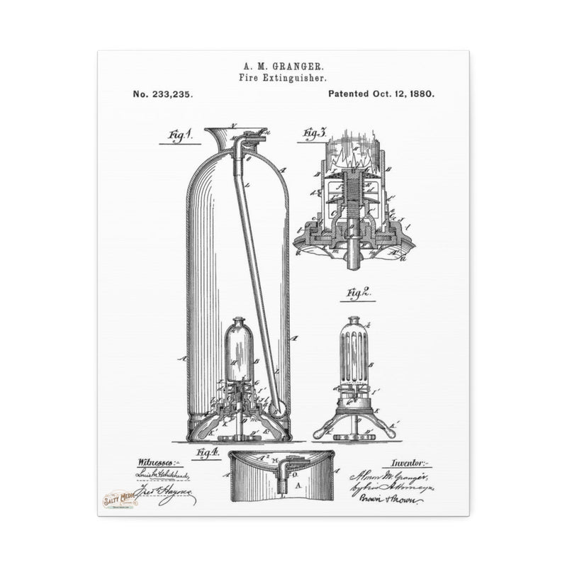 1880 A. M. Granger Fire Extinguisher Patent Wall Art Stretched Canvas, 1.5'' - Salty Medic Clothing Co.