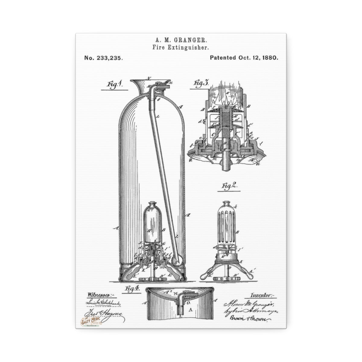 1880 A. M. Granger Fire Extinguisher Patent Wall Art Stretched Canvas, 1.5'' 10'' x 14'' (Vertical) 1.5''