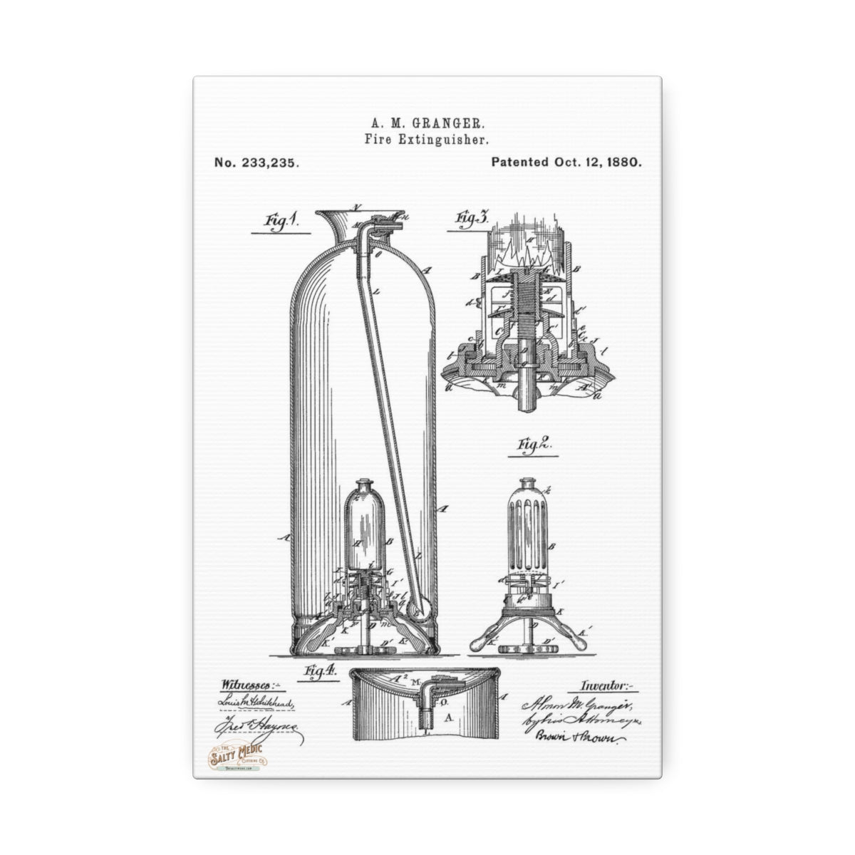 1880 A. M. Granger Fire Extinguisher Patent Wall Art Stretched Canvas, 1.5'' 8" x 12" (Vertical) 1.5''