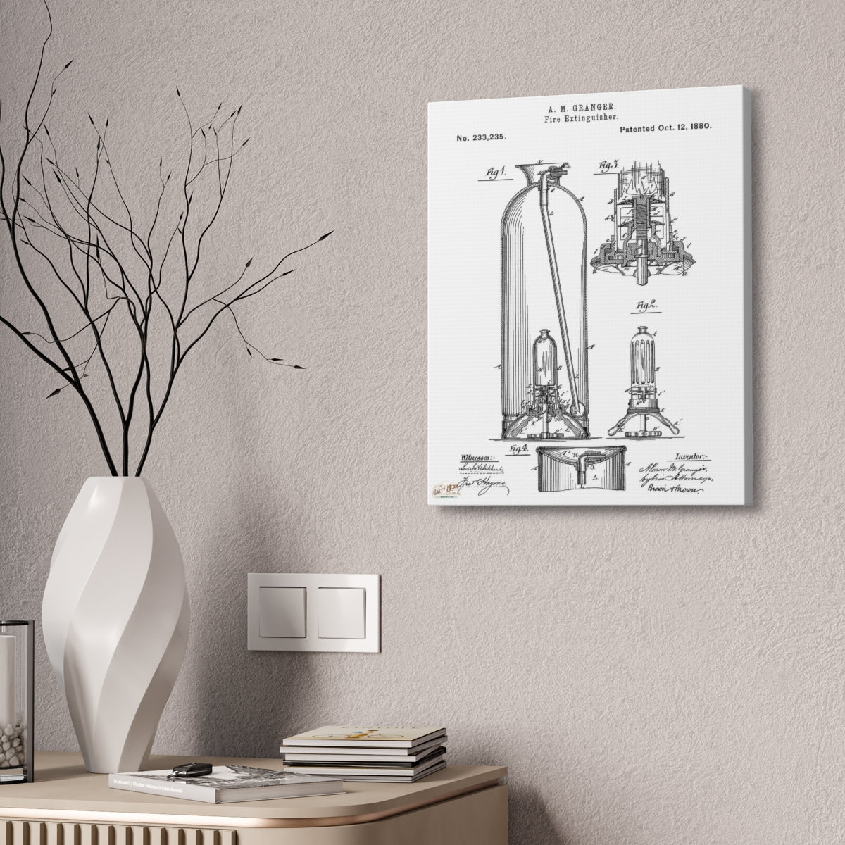 1880 A. M. Granger Fire Extinguisher Patent Wall Art Stretched Canvas, 1.5''