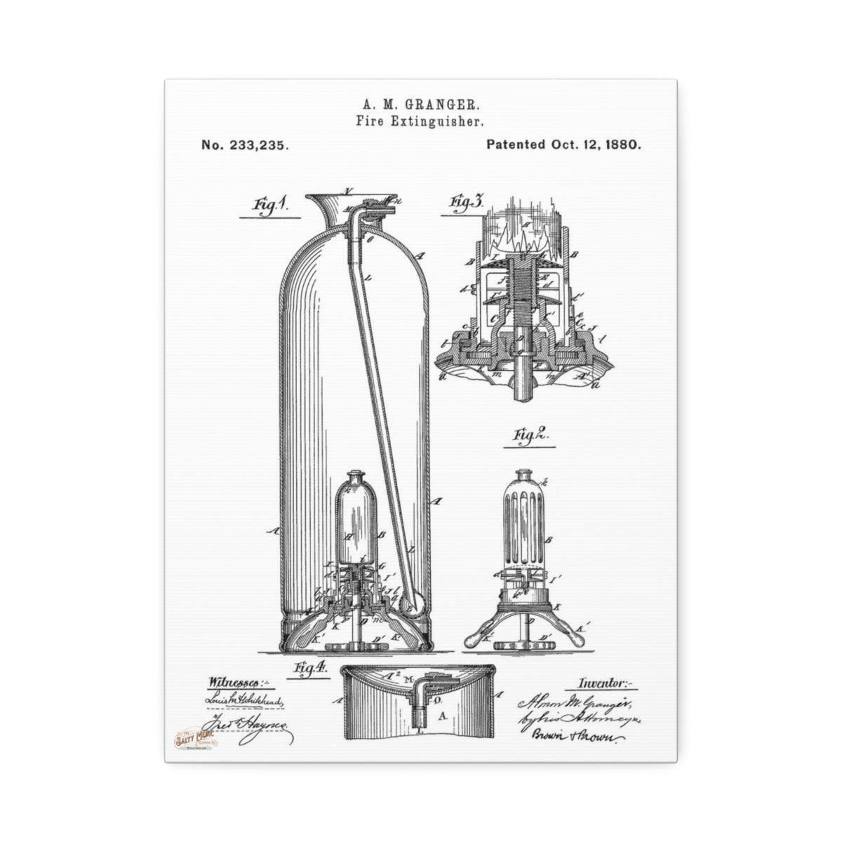 1880 A. M. Granger Fire Extinguisher Patent Wall Art Stretched Canvas, 1.5'' 12″ x 16″ (Vertical) 1.5''