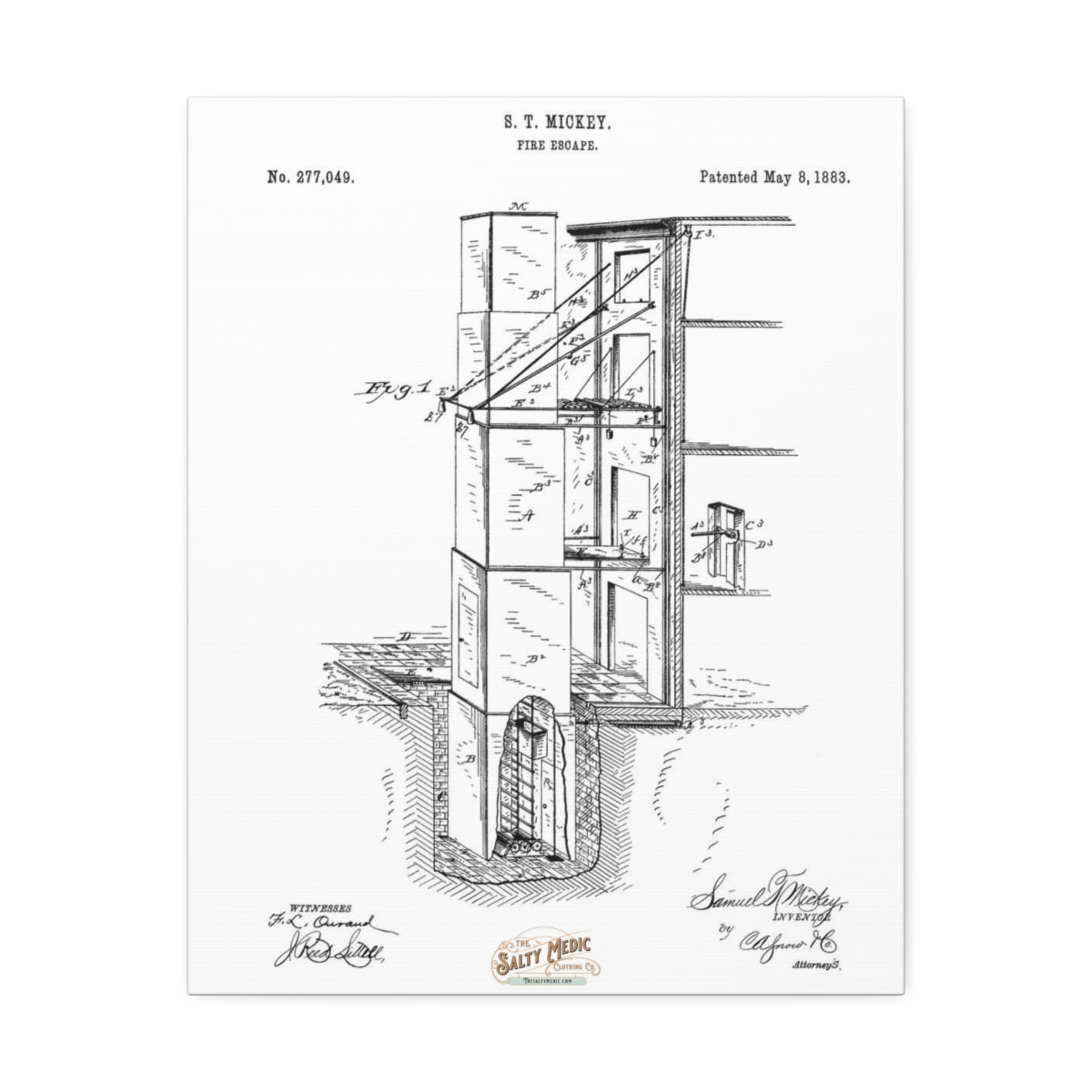 1883 Fire Escape Patent Wall Art Stretched Canvas, 1.5'' 16" x 20" (Vertical) 1.5''