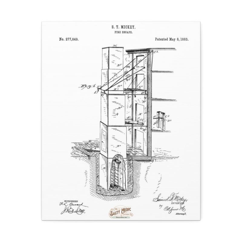 1883 Fire Escape Patent Wall Art Stretched Canvas, 1.5'' 16" x 20" (Vertical) 1.5''