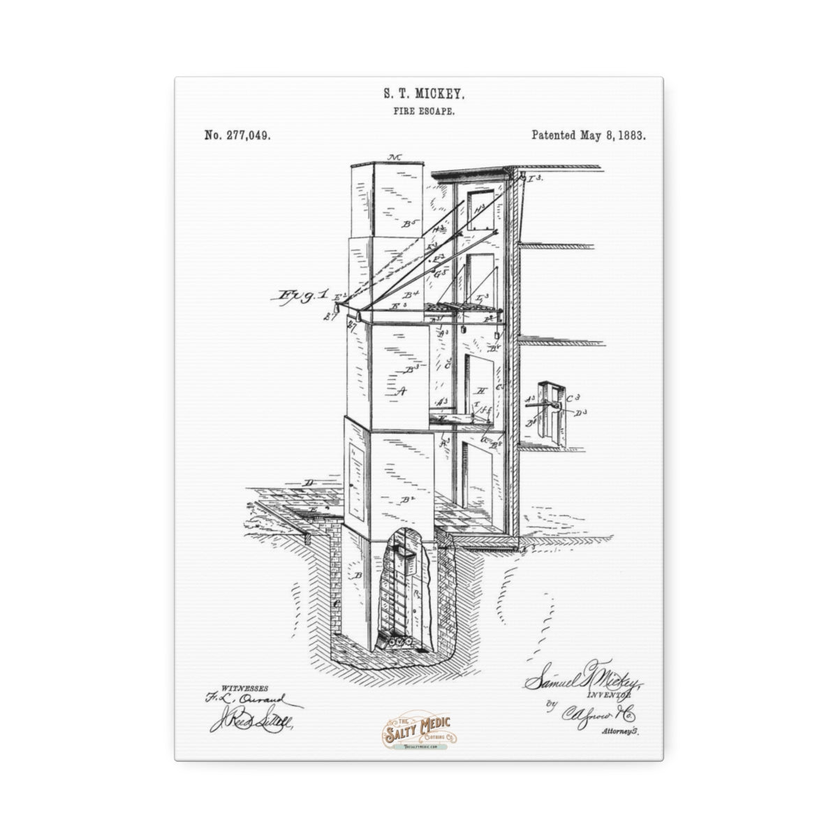 1883 Fire Escape Patent Wall Art Stretched Canvas, 1.5'' 10'' x 14'' (Vertical) 1.5''