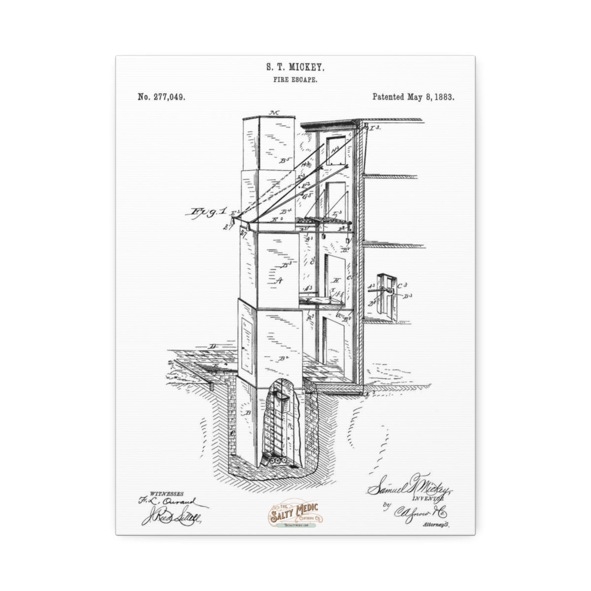 1883 Fire Escape Patent Wall Art Stretched Canvas, 1.5'' 12″ x 16″ (Vertical) 1.5''