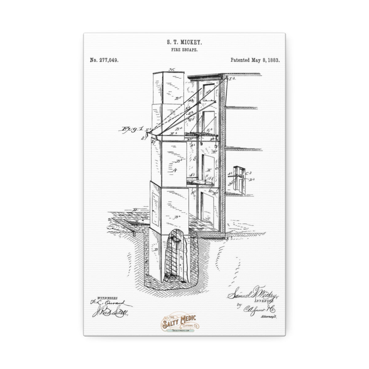 1883 Fire Escape Patent Wall Art Stretched Canvas, 1.5'' 8" x 12" (Vertical) 1.5''