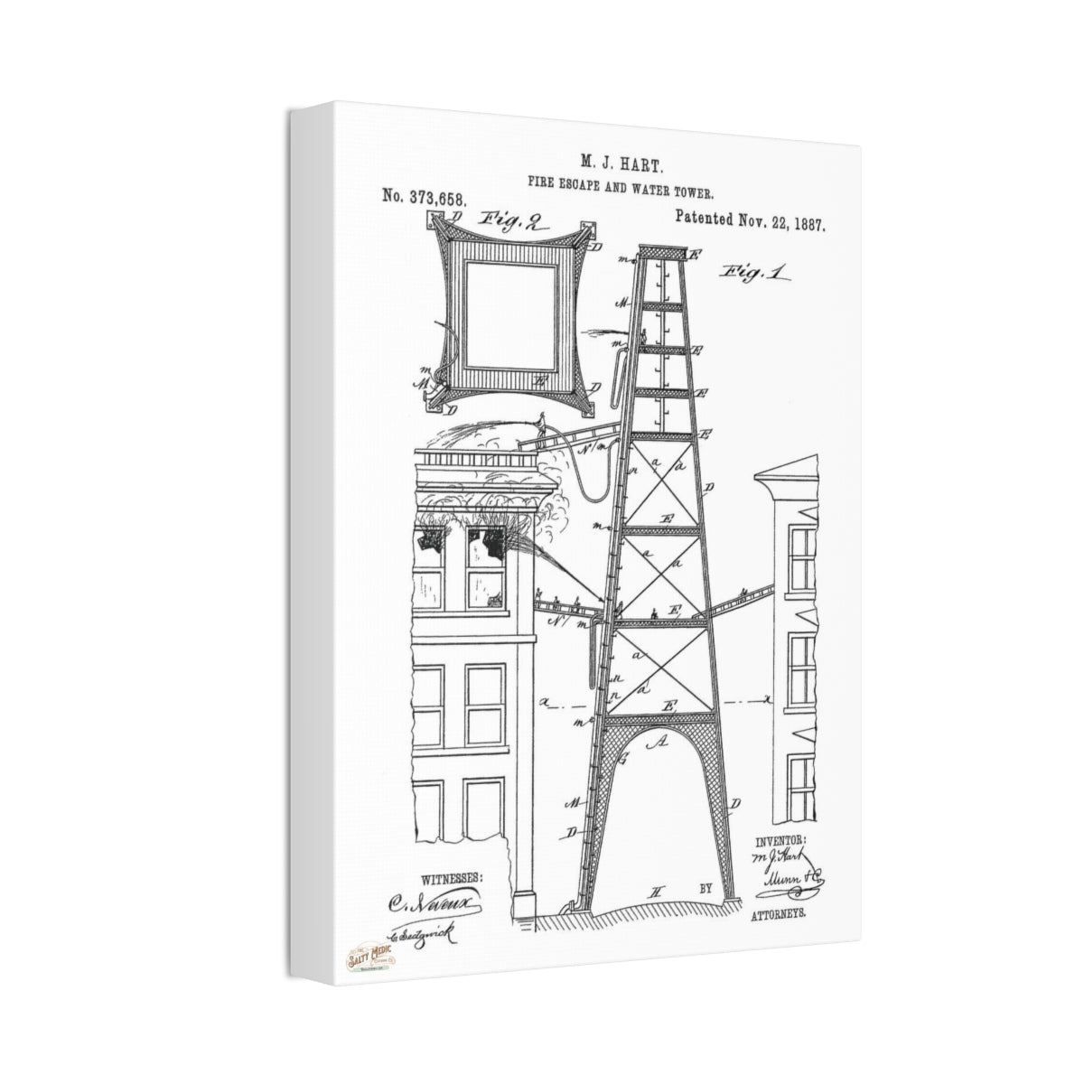 1887 M. J. Hart Fire Escape & Water Tower Patent Wall Art Stretched Canvas, 1.5'' - Salty Medic Clothing Co.