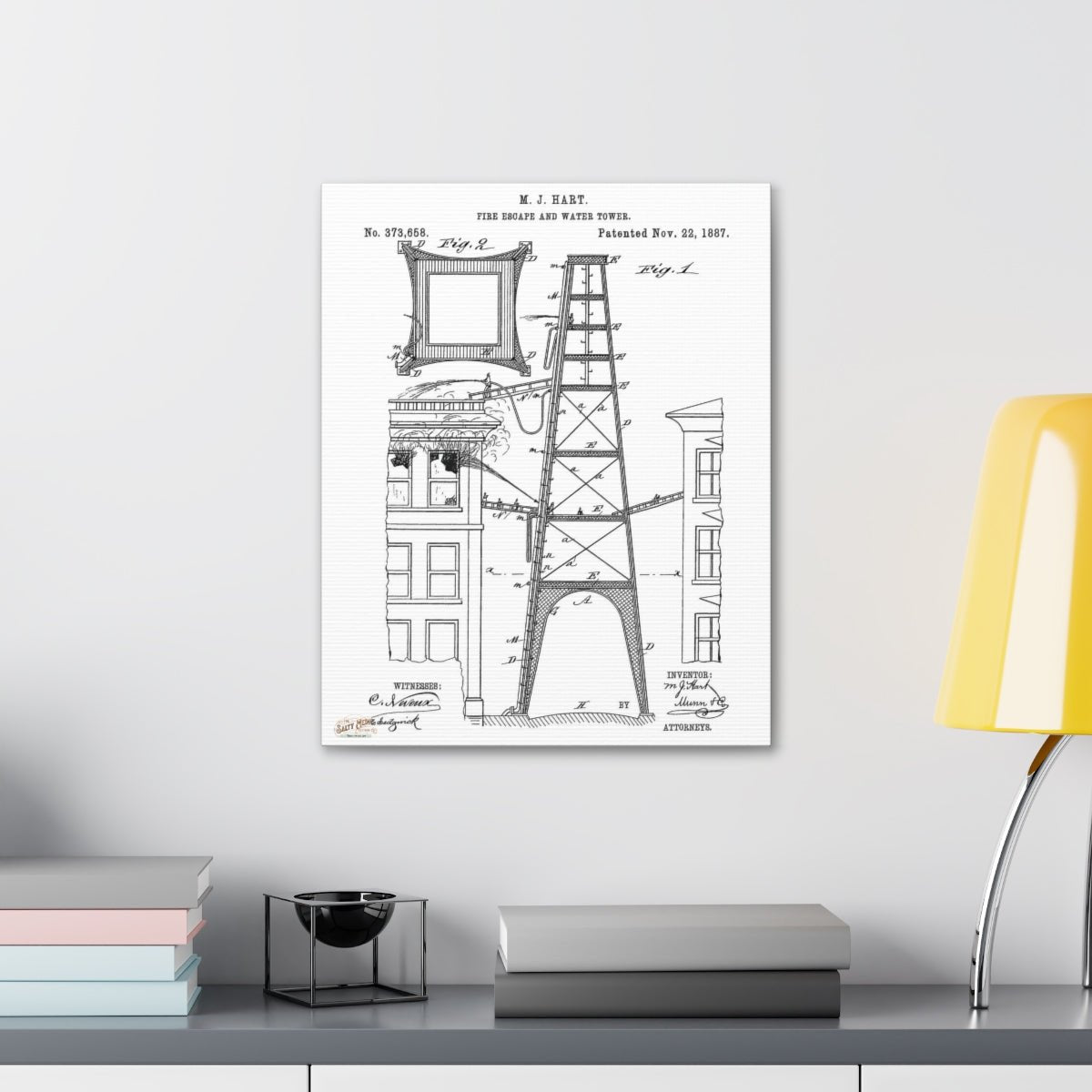 1887 M. J. Hart Fire Escape & Water Tower Patent Wall Art Stretched Canvas, 1.5'' 16" x 20" (Vertical) 1.5''