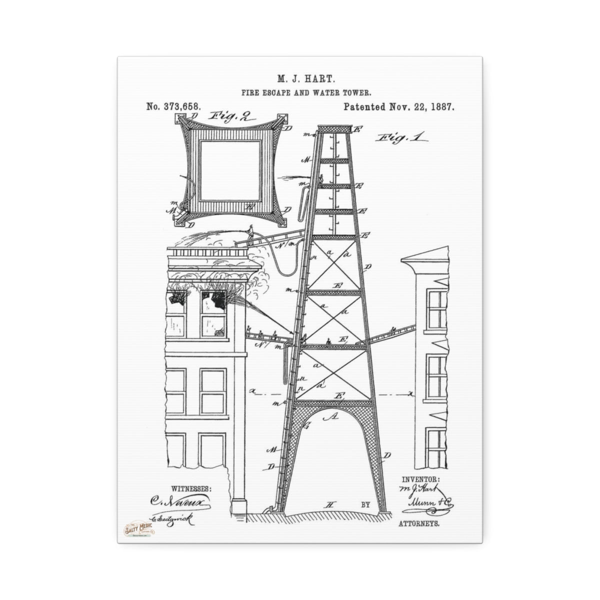 1887 M. J. Hart Fire Escape & Water Tower Patent Wall Art Stretched Canvas, 1.5'' - Salty Medic Clothing Co.