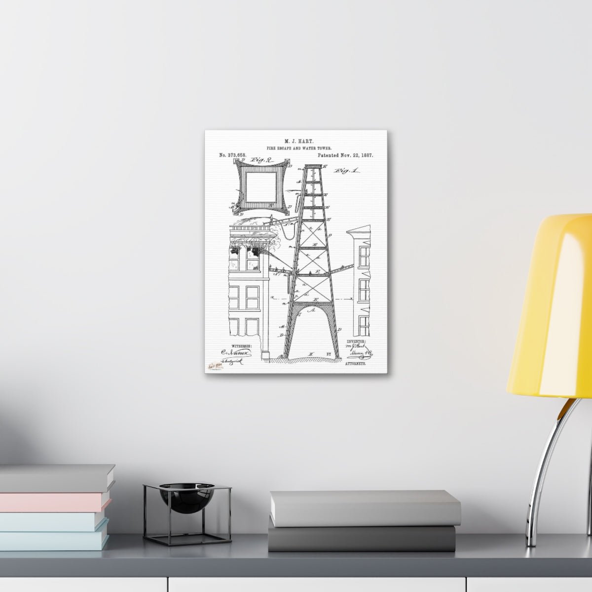 1887 M. J. Hart Fire Escape & Water Tower Patent Wall Art Stretched Canvas, 1.5''