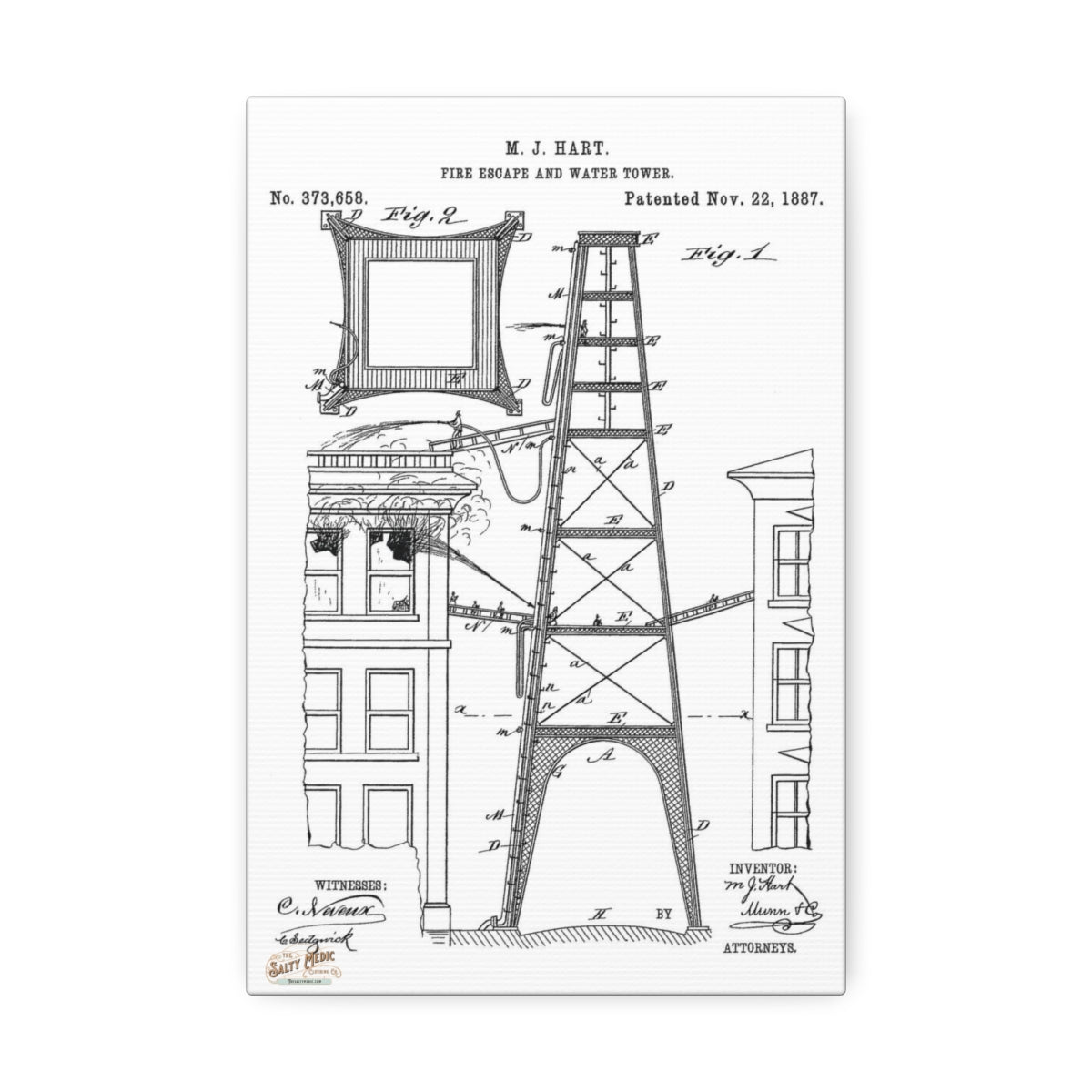 1887 M. J. Hart Fire Escape & Water Tower Patent Wall Art Stretched Canvas, 1.5'' - Salty Medic Clothing Co.