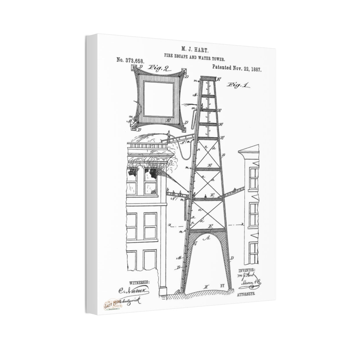 1887 M. J. Hart Fire Escape & Water Tower Patent Wall Art Stretched Canvas, 1.5'' - Salty Medic Clothing Co.