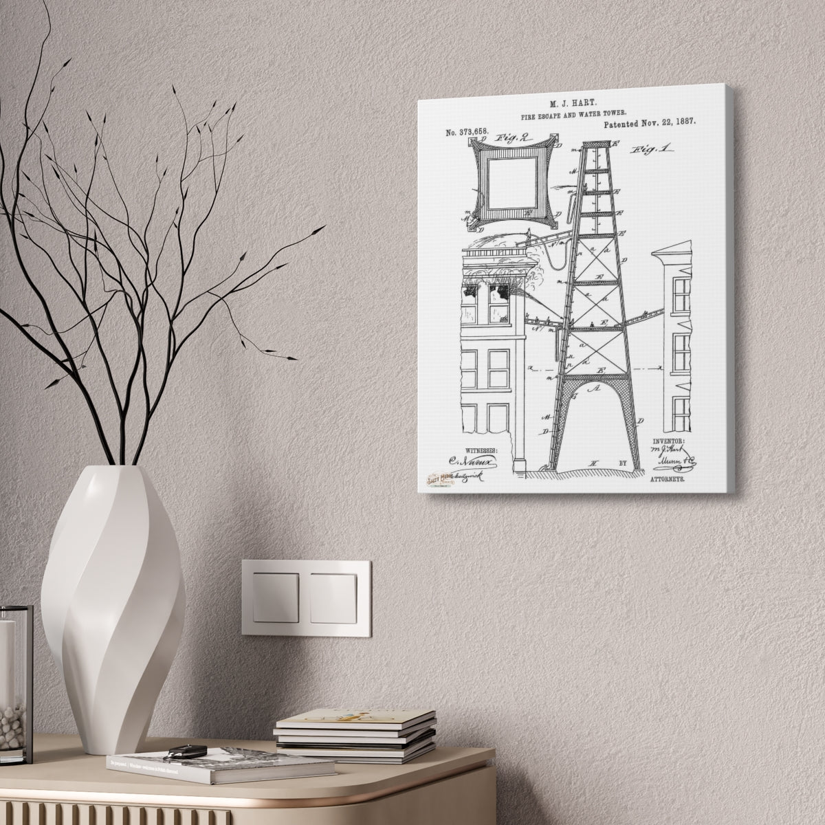 1887 M. J. Hart Fire Escape & Water Tower Patent Wall Art Stretched Canvas, 1.5'' - Salty Medic Clothing Co.