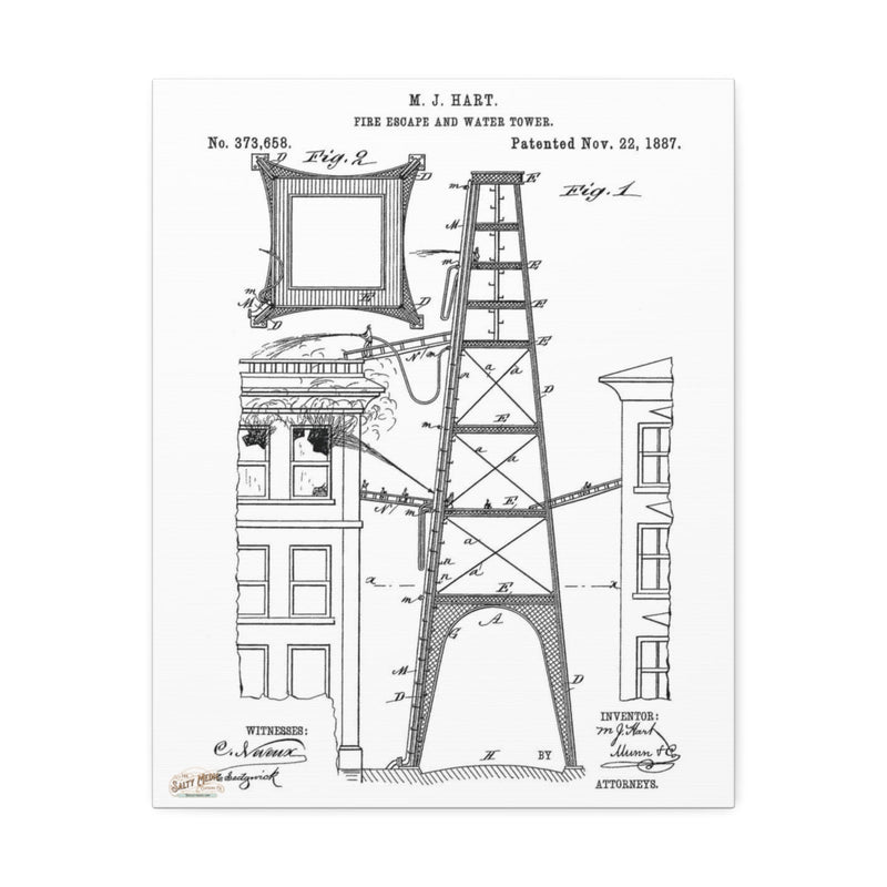 1887 M. J. Hart Fire Escape & Water Tower Patent Wall Art Stretched Canvas, 1.5'' - Salty Medic Clothing Co.