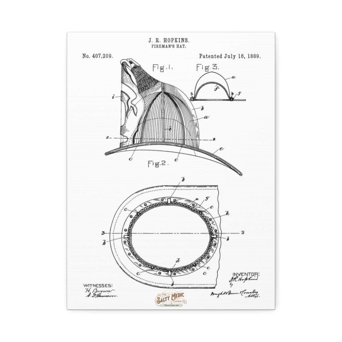 1889 J. R. Hopkins Fireman's Hat Patent Wall Art Stretched Canvas, 1.5'' - Salty Medic Clothing Co.