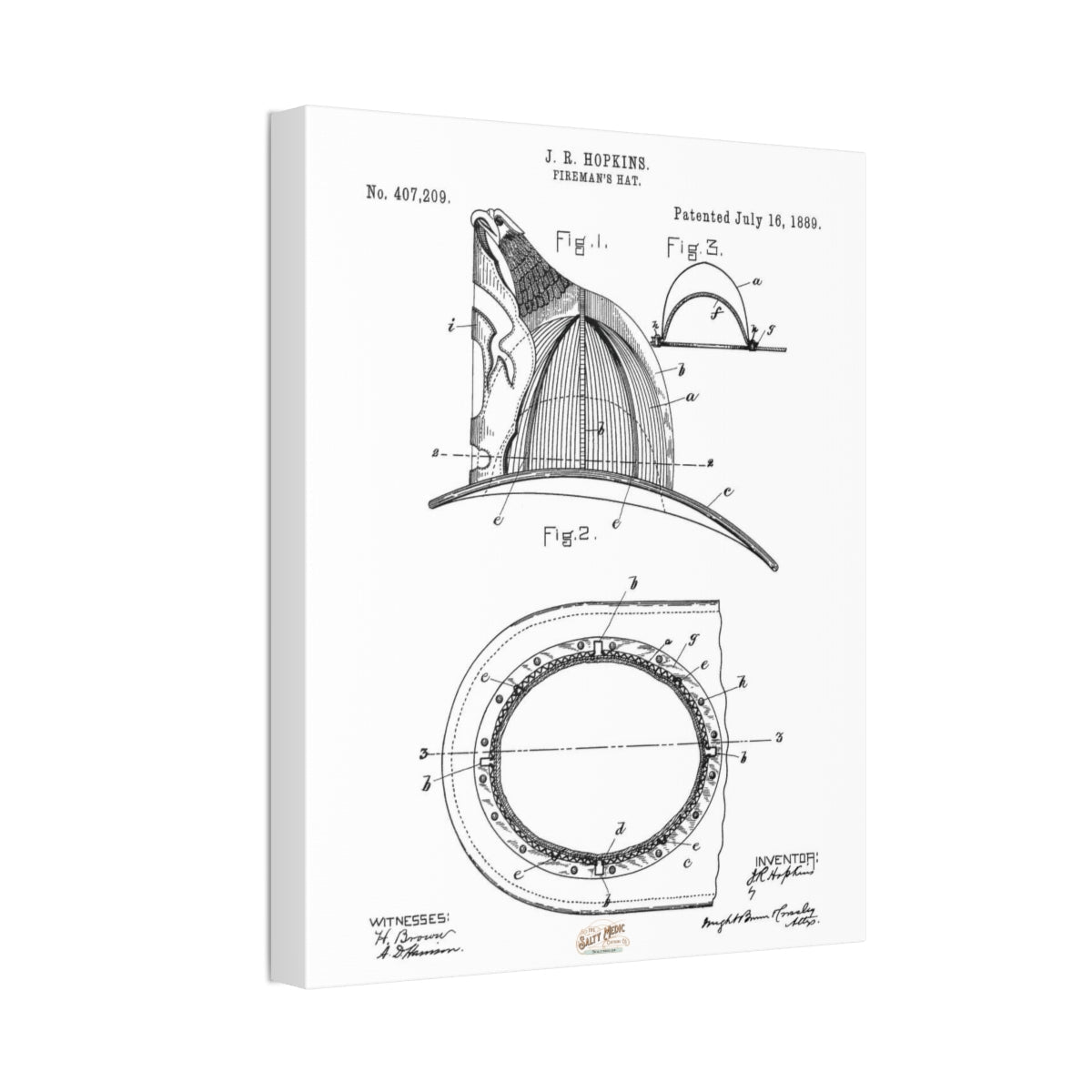 1889 J. R. Hopkins Fireman's Hat Patent Wall Art Stretched Canvas, 1.5''