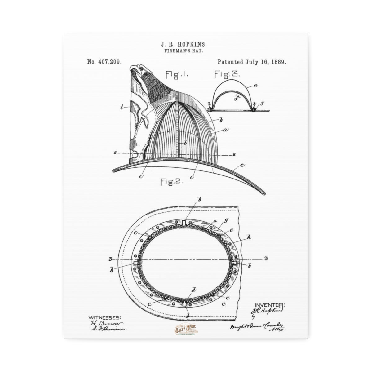 1889 J. R. Hopkins Fireman's Hat Patent Wall Art Stretched Canvas, 1.5''