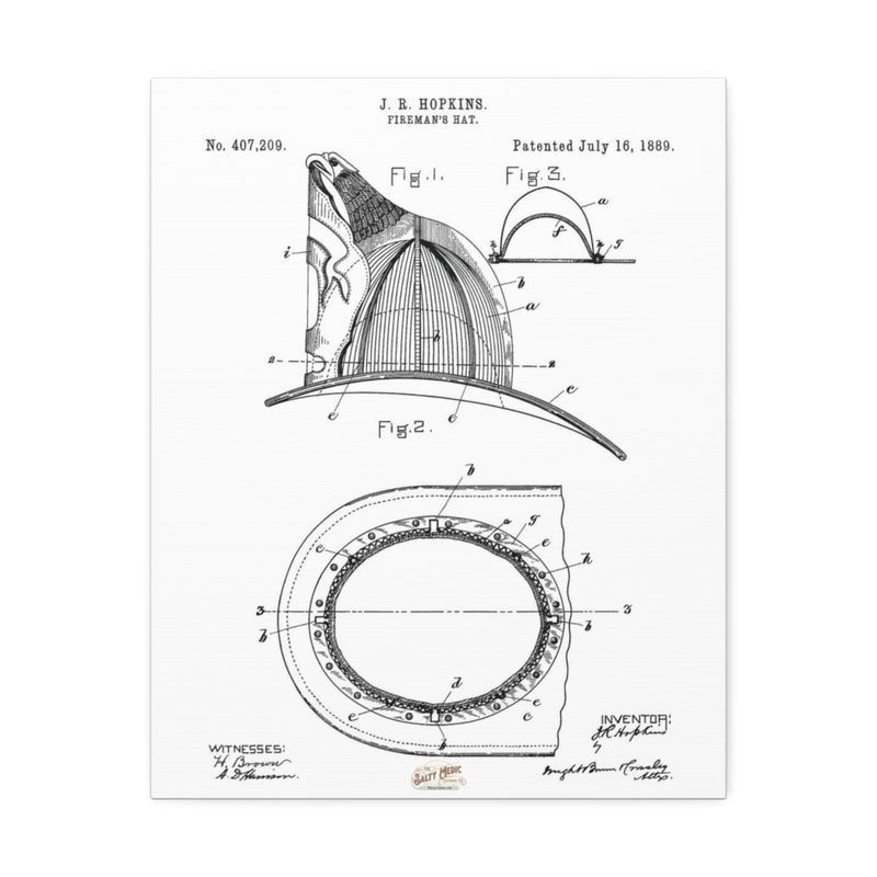 1889 J. R. Hopkins Fireman's Hat Patent Wall Art Stretched Canvas, 1.5'' - Salty Medic Clothing Co.