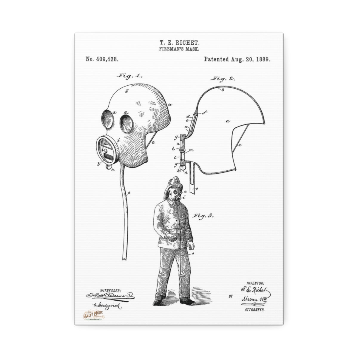 1889 T. E. Richet Fireman's Mask Patent Wall Art Stretched Canvas, 1.5'' 10'' x 14'' (Vertical) 1.5''