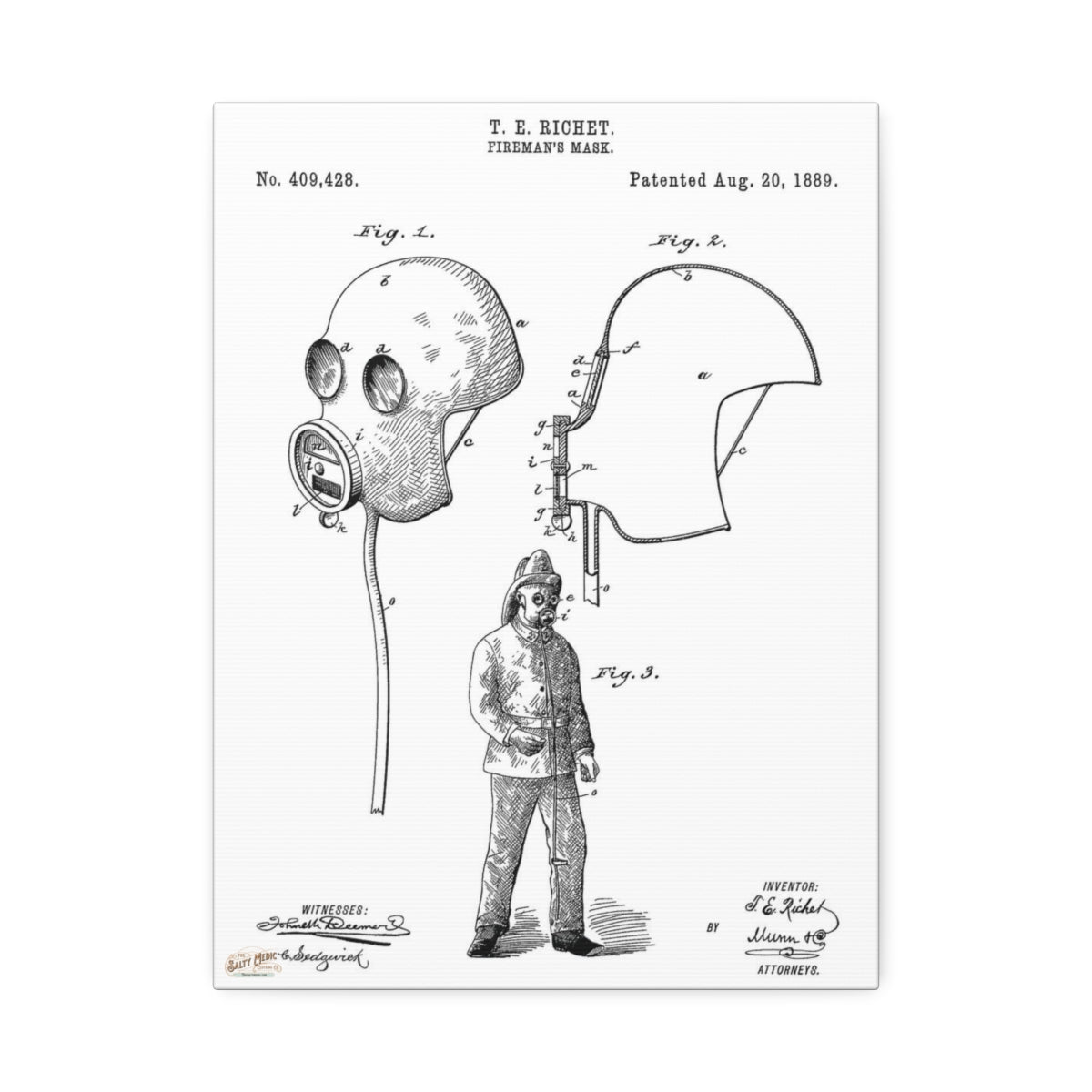 1889 T. E. Richet Fireman's Mask Patent Wall Art Stretched Canvas, 1.5'' 12″ x 16″ (Vertical) 1.5''