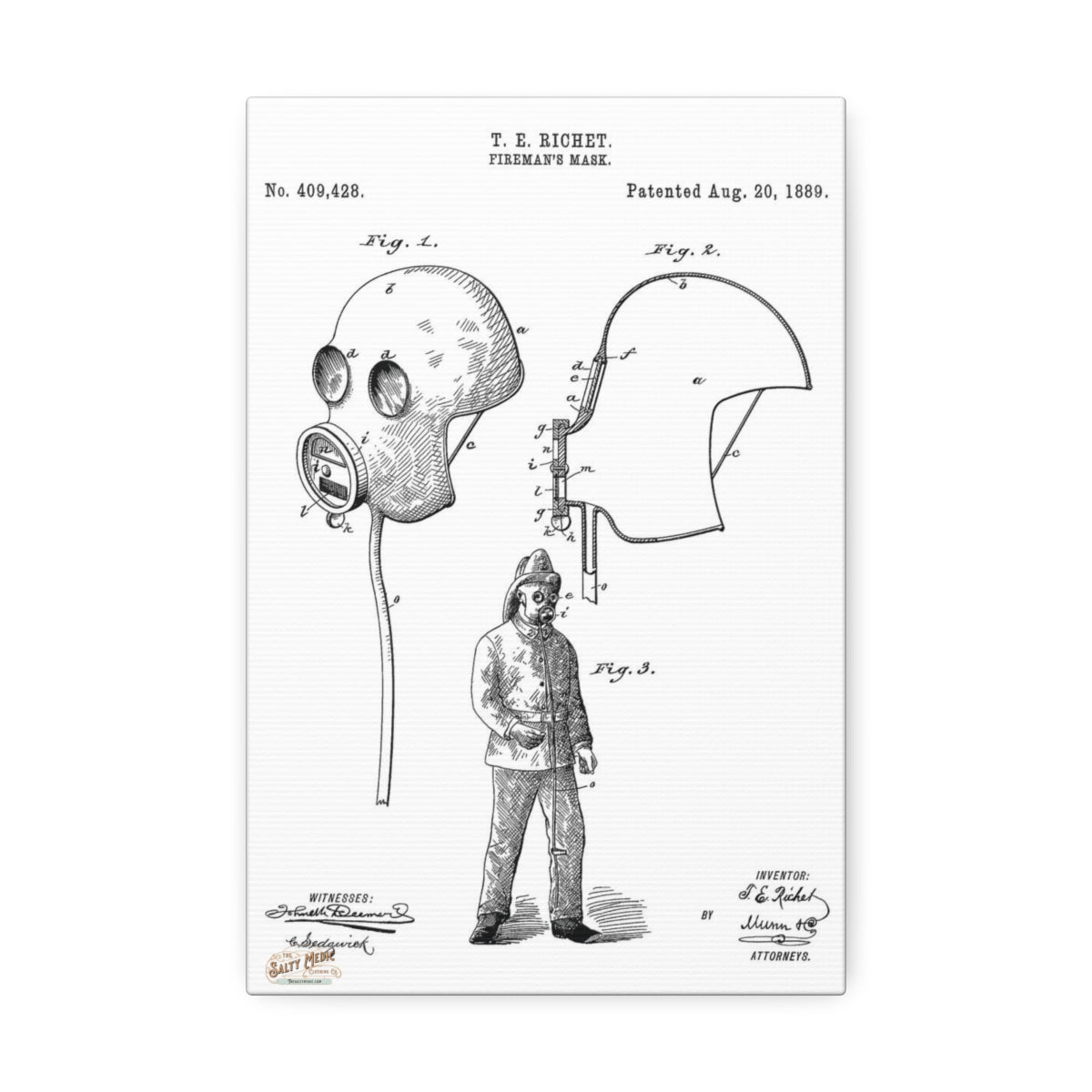 1889 T. E. Richet Fireman's Mask Patent Wall Art Stretched Canvas, 1.5'' 8" x 12" (Vertical) 1.5''