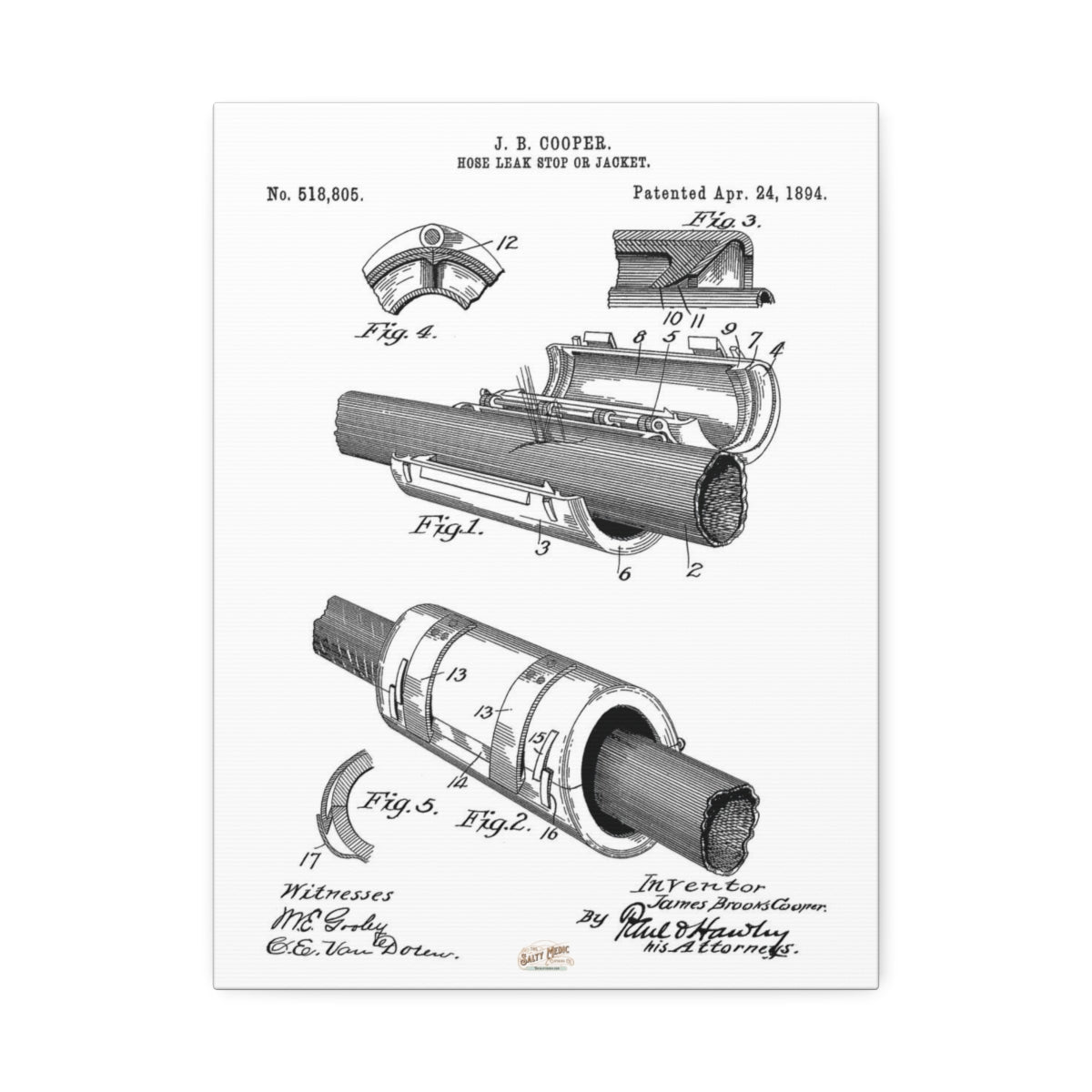 1894 Fire Hose Leak Stop or Jacket Patent Wall Art Stretched Canvas, 1.5'' 12″ x 16″ (Vertical) 1.5''