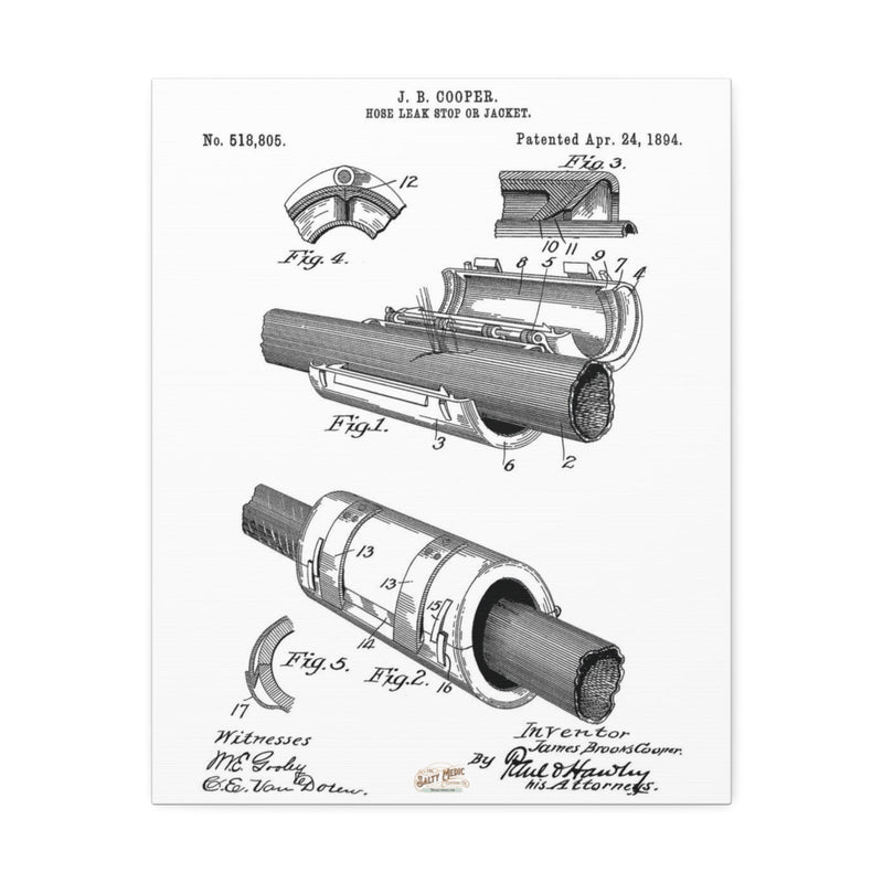 1894 Fire Hose Leak Stop or Jacket Patent Wall Art Stretched Canvas, 1.5''