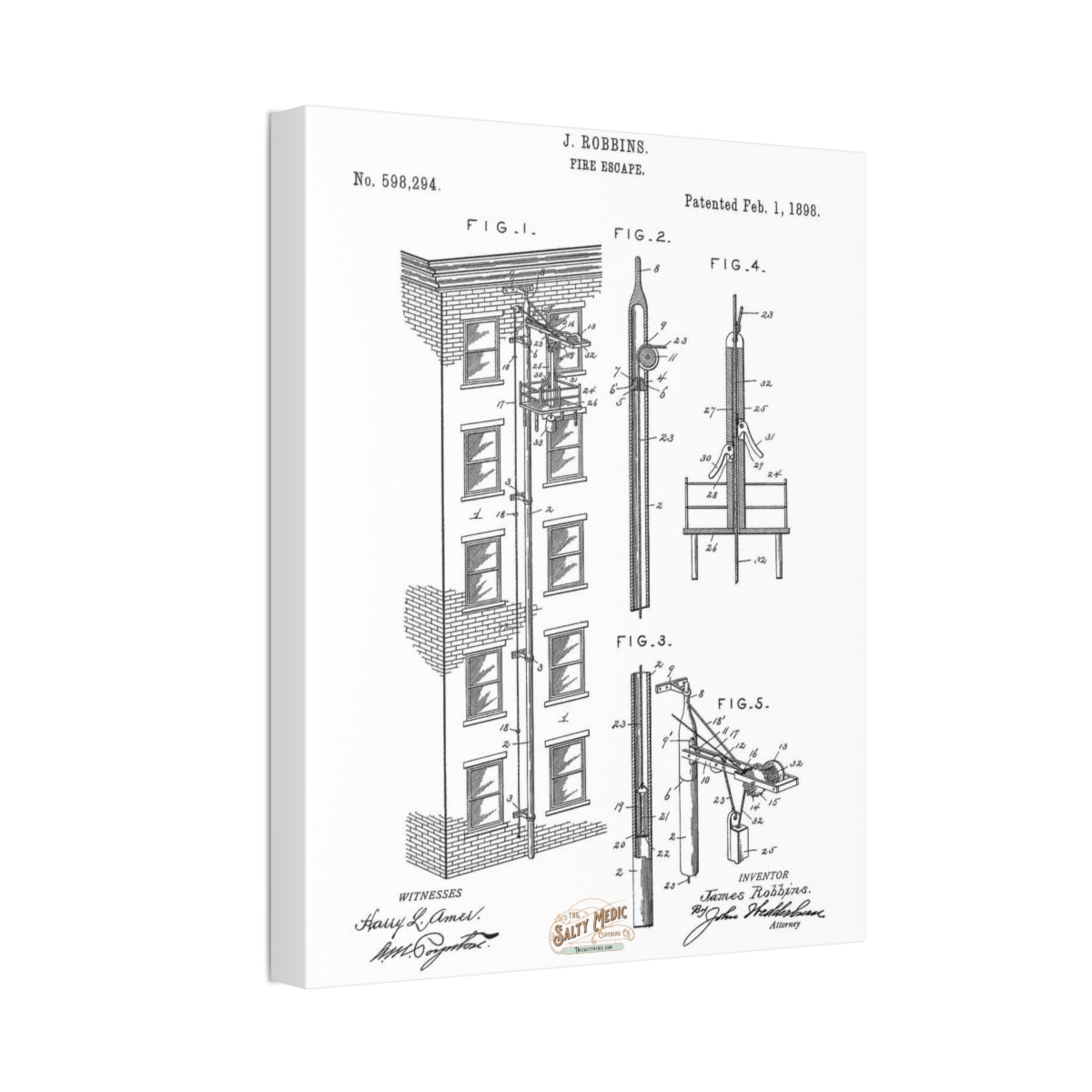 1898 Elevator Fire Escape Patent Wall Art Stretched Canvas, 1.5''