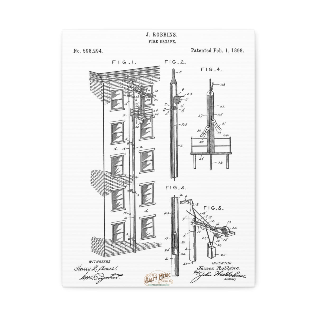 1898 Elevator Fire Escape Patent Wall Art Stretched Canvas, 1.5'' 12″ x 16″ (Vertical) 1.5''