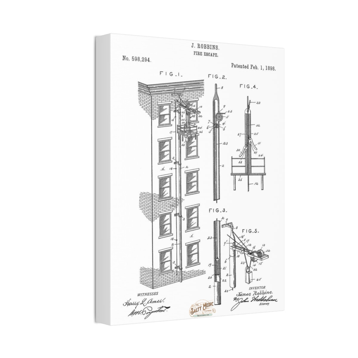 1898 Elevator Fire Escape Patent Wall Art Stretched Canvas, 1.5''