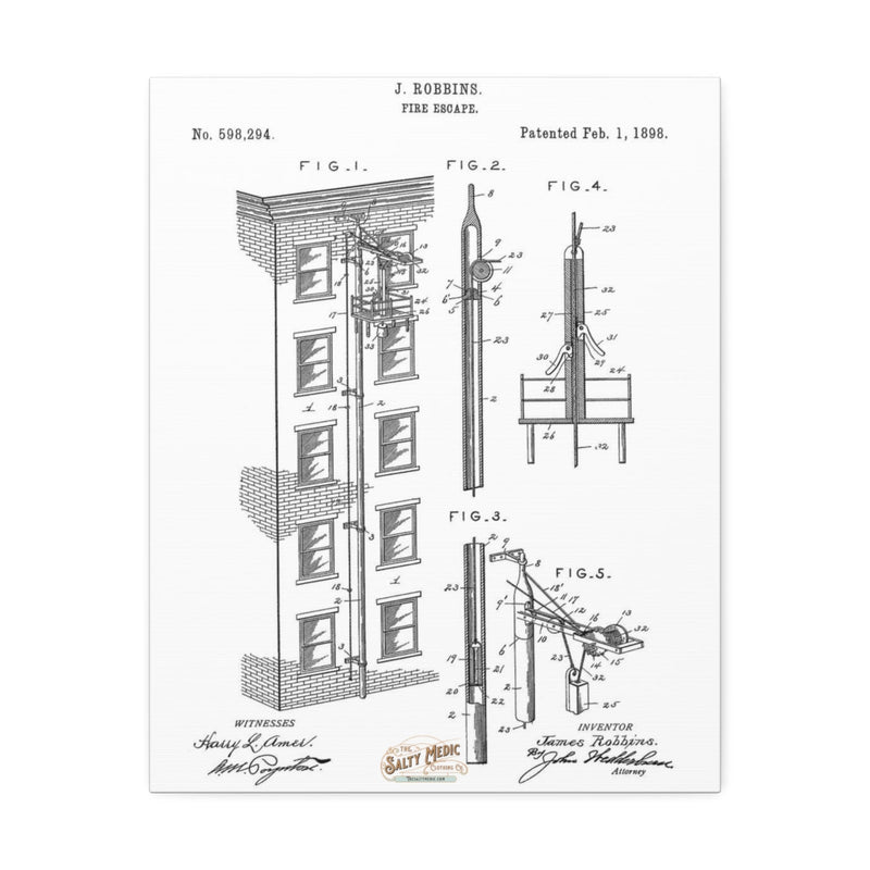 1898 Elevator Fire Escape Patent Wall Art Stretched Canvas, 1.5'' - Salty Medic Clothing Co.