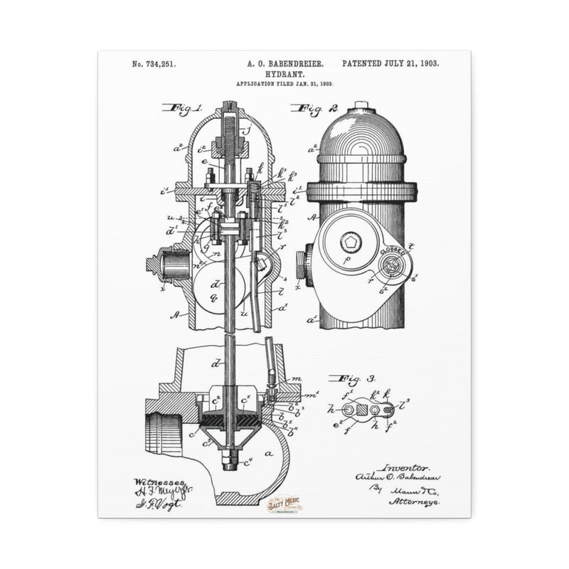 1903 Babendreier Fire Hydrant Patent Wall Art Stretched Canvas, 1.5'' - Salty Medic Clothing Co.