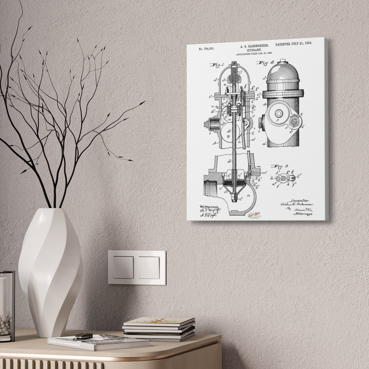 1903 Babendreier Fire Hydrant Patent Wall Art Stretched Canvas, 1.5'' - Salty Medic Clothing Co.