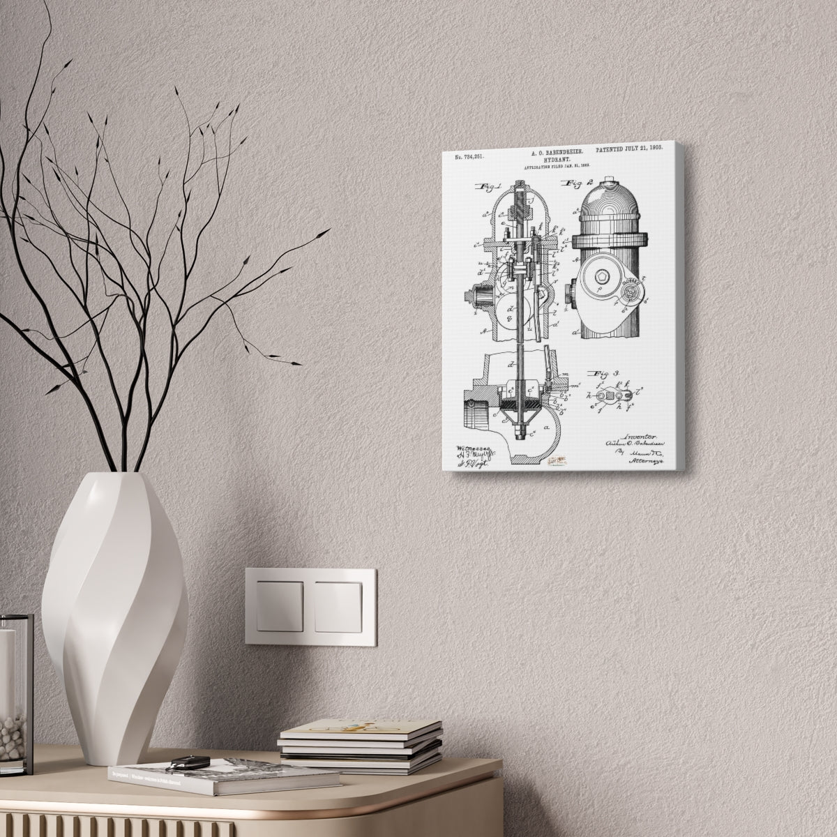 1903 Babendreier Fire Hydrant Patent Wall Art Stretched Canvas, 1.5'' - Salty Medic Clothing Co.