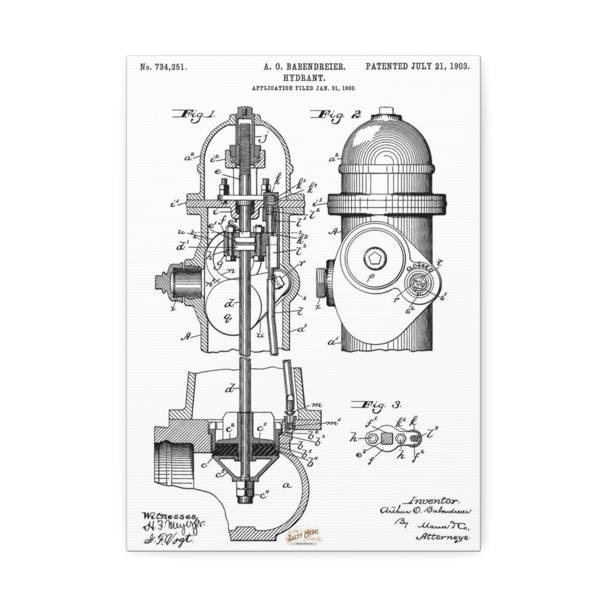 1903 Babendreier Fire Hydrant Patent Wall Art Stretched Canvas, 1.5'' 10'' x 14'' (Vertical) 1.5''